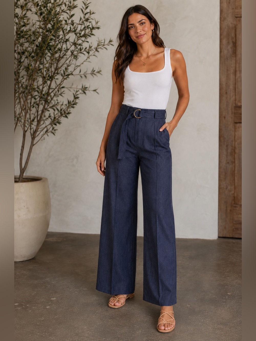 Have & Blair High-Waist Wide-Leg Navy Belted Pants
